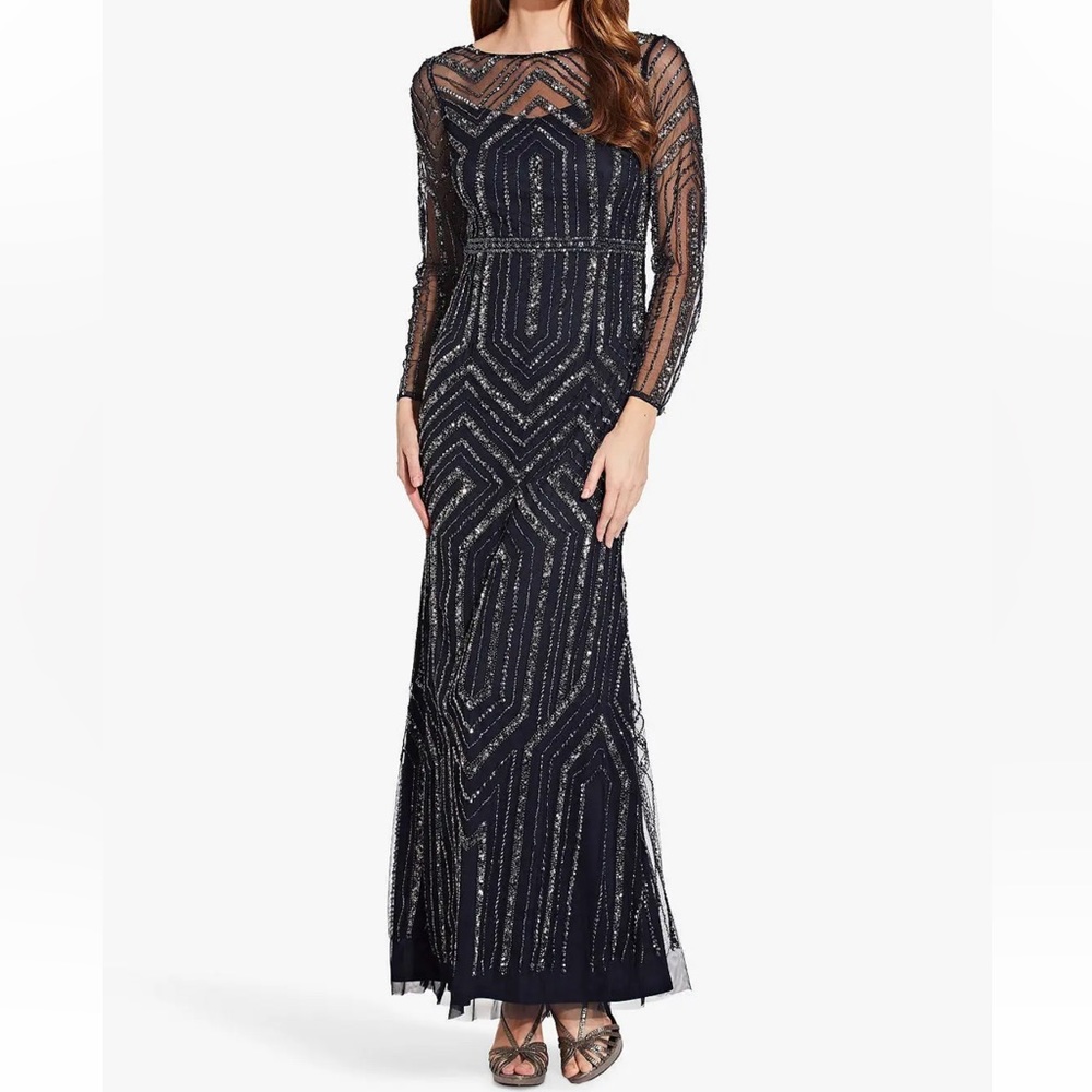 Adrianna Papell Navy Beaded Long Sleeve Evening Gown